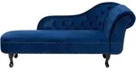 Chaiselongue Rechtsseitig Blau Samtstoff Holzf&uuml;&szlig;e Dunkelbraun Knopfbezug