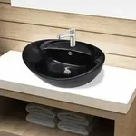 Keramik Waschbecken Hahnloch/&uuml;berlaufloch Schwarz Oval Vidaxl