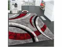 Designer Teppich mit Konturenschnitt Muster Gestreift Grau Schwarz Rot Meliert...