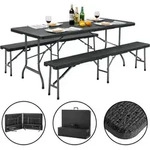 Bierzeltgarnitur Klappbar 3-tlg Kunststoff 2x Bierbank 1x Breiter Tisch Holz Rattan