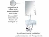 LED-Standspiegel mit Organizer Trenno, Leuchtspiegel, Weiß, Kunststoff weiß, Glas -