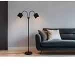 Stehleuchte Tommy 2 Flammig Metall, Stoffschirm Schwarz Gold, H&ouml;he 130cm