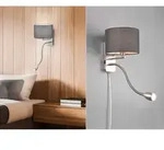 Trio - Wandleuchte Hotel Mit Led Leselampe & Stecker, Stoffschirm Grau, H&ouml;he 23,5cm