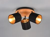 Trio - Deckenstrahler Tommy 3-flammig Holz & Stoffschirme Schwarz Gold, &Oslash; 25cm
