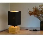 Tischleuchte Woody Mit Holzfu&szlig; Stoffschirm Schwarz / Gold, H&ouml;he 30cm