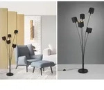 Stehleuchte Tommy 5 Flammig Metall, Stoffschirm Schwarz Gold, H&ouml;he 163cm