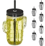 Trinkgl&auml;ser Mit Strohhalm & Deckel, 8er Set Eisteebecher, Limonadengl&auml;ser Kaktus,