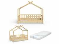Kinderbett Design" 140x70cm Natur mit Matratze und Rausfallschutz Vitalispa