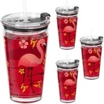 Trinkgl&auml;ser 4er Set, Flamingo-motiv, Deckel & Strohhalm, 450 Ml, Glasbecher Kinder,