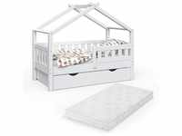 Kinderbett Design" 140x70cm Weiß mit Matratze, Rausfallschutz und Gästebett