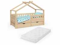 Kinderbett Design" 160x80cm Natur mit Matratze, Rausfallschutz und Schubladen