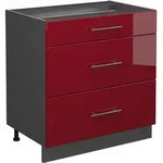 K&uuml;chenunterschrank Fame-line, Bordeaux Hochglanz, 80 Cm Mit 3 Schubladen, Ohne