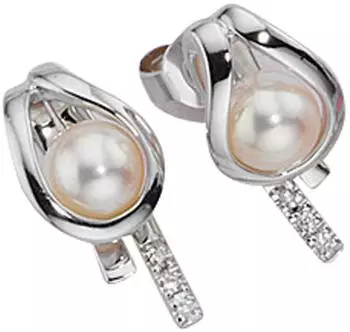 Schmuck Krone Ohrstecker mit Perlen & 6 Diamanten, 585 Weißgold, Damen (14524)