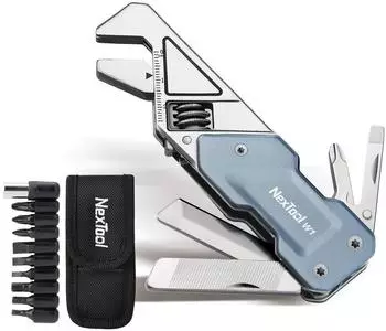 LuxusKollektion Multitool 6-in-1 Rollgabelschlüssel, 9 Bits, Edelstahl mit Nylontasche