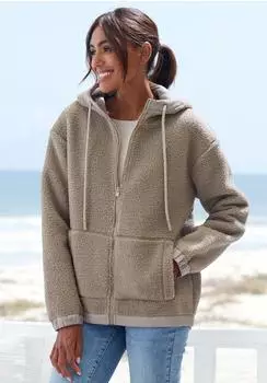 Elbsand Teddy Fleece &Uuml;bergangsjacke mit verstellbarer Kapuze taupe