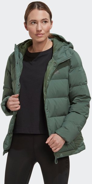 Eigenschaften & Material & Pflege Adidas Helionic Down Hooded Jacket Women green oxide (HG8746)
