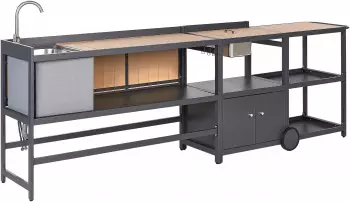 Beliani Outdoor-K&uuml;che schwarz Stahl 3er Set mit Sp&uuml;le Edelstahlplatte