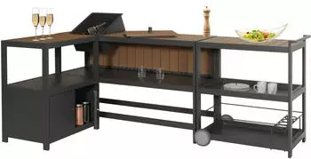 Mendler HWC-M64 Outdoor-K&uuml;che 3-teilig, Aluminium, anthrazit/helle Holzoptik
