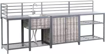 Beliani Mirador Outdoor-Küche 4-teilig, Aluminium/Polyrattan grau, Edelstahl-Spüle