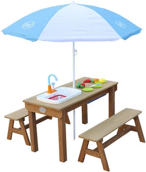 AXI Sand und Wasser Picknicktisch Dennis Braun mit Sonnenschirm Blau Weiß