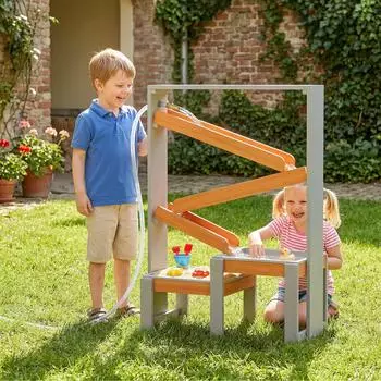 AIYAPLAY Sand Wasserspieltisch, Holz Wassertisch mit Wasserbahn, 2 Becken