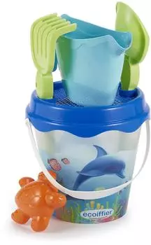 Ecoiffier Delfin-Strandeimer mit Schaufel, Rechen, Gießkanne und Sandform, Farbe (851)