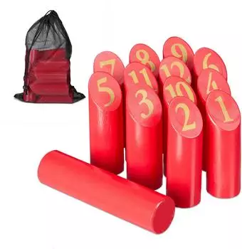 Relaxdays Kubb Wikingerspiel mit Zahlen und Tasche, rot/gold