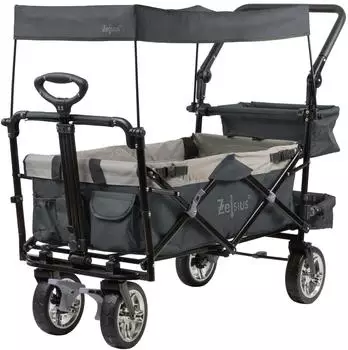 Zelsius Bollerwagen faltbar mit Dach, grau, Gurtsystem