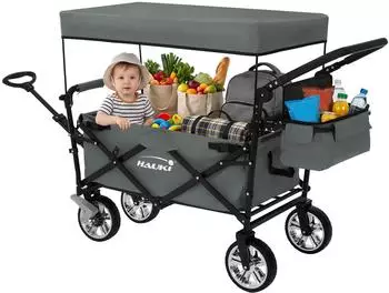 Hauki Bollerwagen XXL faltbar mit Dach & Tasche, grau, 120kg, PU-R&auml;der mit Bremsen