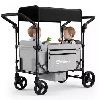 Sekey Bollerwagen faltbar mit Dach, XXL-Räder (24/20cm), 5-Punkt-Gurtsystem, grau (SS9090)
