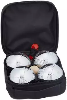 Relaxdays Boule-Set 4 Kugeln mit Tasche, schwarz/silber