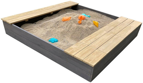 AXI Evi Sandkasten aus Holz mit Wasserbehälter, Sitzbank & Stauraum Sandbox für Kinder in grau& braun mit Abdeckung & Plane 119 x 117 cm – Grau