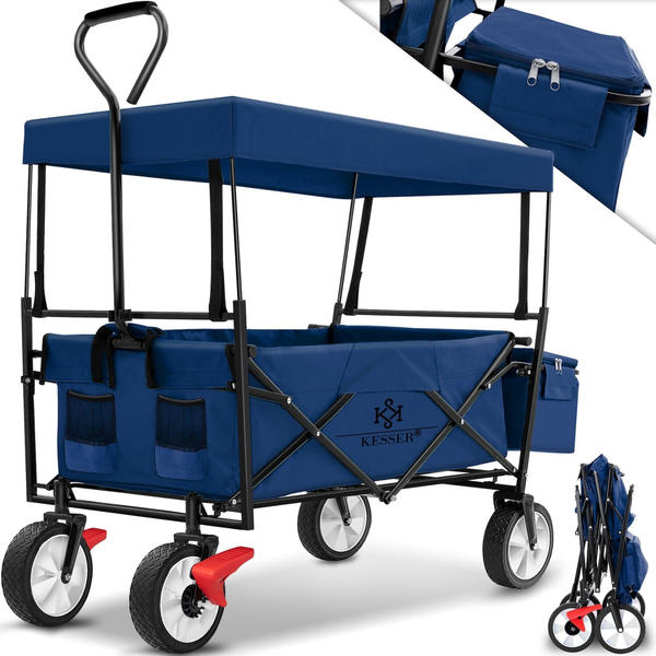 Kesser Bollerwagen faltbar mit Dach bis 100 kg inkl. 2 Netztaschen und einer Außentasche blau