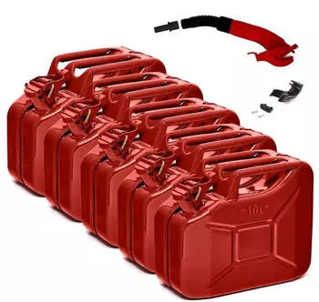 B+W Metall Benzinkanister 5x 10 Liter mit Ausgie&szlig;er Rot RAL 3000 UN-Zulassung