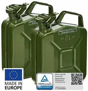 B+W Benzinkanister Metall 2x 5 Liter Olivgrün RAL 6003 und UN-Zulassung 0,9mm Stahl nach DIN 7274 für Benzin Diesel E10 2-Takt