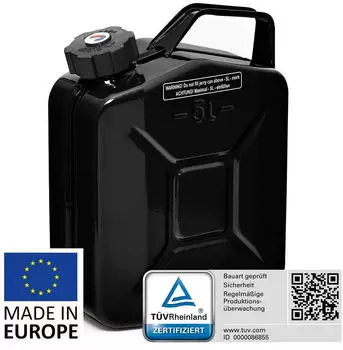 B+W Benzinkanister Metall Kanister5 Liter mit Schraubverschluss (nach NATO Standard) und UN-Zulassung Schwarz RAL 9005