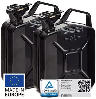 B+W Benzinkanister Metall 2x 5 Liter Schwarz RAL 9005 (nach NATO Standard) und UN-Zulassung Schwarz RAL 9005