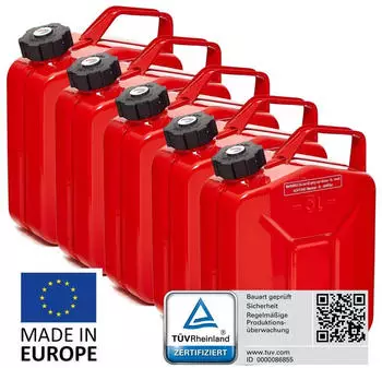 B+W Metall Benzinkanister 5x 5 Liter mit Schraubverschluss Rot RAL 3000 UN-Zulassung