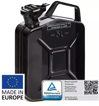 B+W Benzinkanister Metall 5 Liter Schwarz RAL 9005 und UN-Zulassung 0,9mm Stahl nach DIN 7274 f&uuml;r Benzin Diesel E10 2-Takt