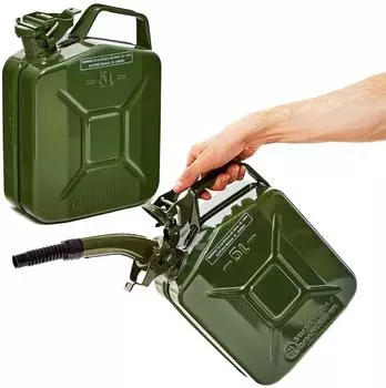 B+W Benzinkanister Metall 2x 5 Liter mit Ausgie&szlig;er Olivgr&uuml;n RAL 6003 und UN-Zulassung 0,9mm Stahl nach DIN 7274