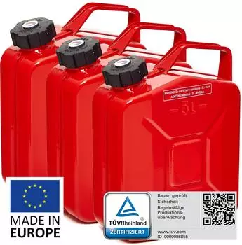 B+W Metall Benzinkanister 3x 5 Liter mit Schraubverschluss Rot RAL 3000 UN-Zulassung