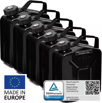 B+W Metall Benzinkanister 5x 5 Liter mit Schraubverschluss Schwarz RAL 9005 UN-Zulassung