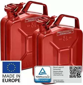B+W Benzinkanister Metall 2x 5 Liter Rot RAL 3000 und UN-Zulassung 0,9mm Stahl nach DIN 7274 f&uuml;r Benzin Diesel E10 2-Takt