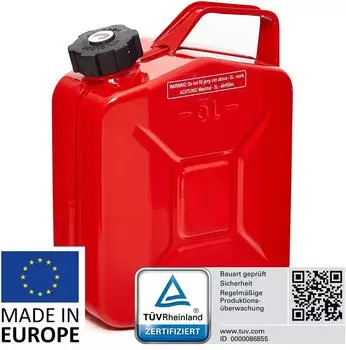 B+W Benzinkanister Metall 5 Liter mit Schraubverschluss Rot RAL 3000 und UN-Zulassung 0,9mm Stahl nach DIN 7274