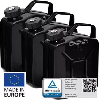 B+W Benzinkanister Metall 3x 5 Liter mit Schraubverschluss Schwarz RAL 9005 und UN-Zulassung 0,9mm Stahl nach DIN 7274