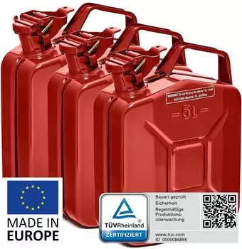 B+W Benzinkanister Metall 3x 5 Liter Rot RAL 3000 und UN-Zulassung 0,9mm Stahl nach DIN 7274 f&uuml;r Benzin Diesel E10 2-Takt