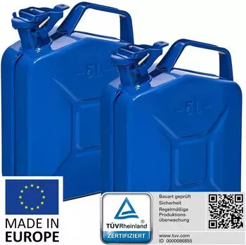 B+W Benzinkanister Metall 2x 5 Liter Blau RAL 5005 und UN-Zulassung 0,9mm Stahl nach DIN 7274 f&uuml;r Benzin Diesel E10 2-Takt