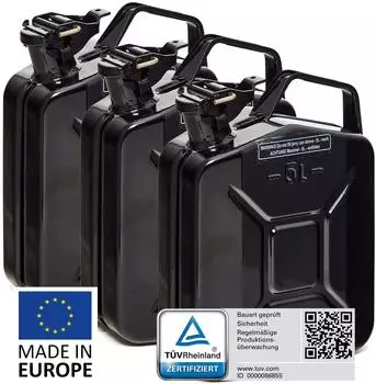 B+W Benzinkanister Metall 3x 5 Liter Schwarz RAL 9005 (nach NATO Standard) und UN-Zulassung Schwarz RAL 9005