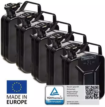 B+W Benzinkanister Metall 5x 5 Liter Schwarz RAL 9005 und UN-Zulassung 0,9mm Stahl nach DIN 7274 für Benzin Diesel E10 2-Takt