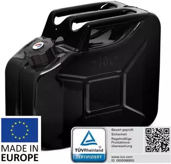 B+W Benzinkanister Metall Kanister10 Liter mit Schraubverschluss (nach NATO Standard) und UN-Zulassung Schwarz RAL 9005